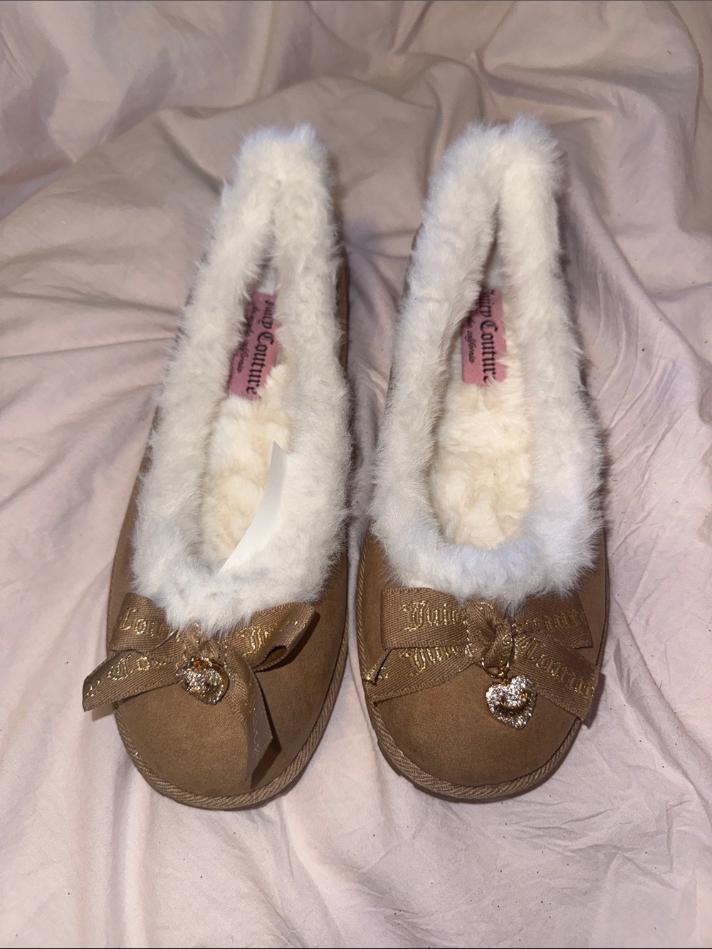 Juicy Couture Tan Faux-Suede Ballet Slippers with White Faux-Fur Trim